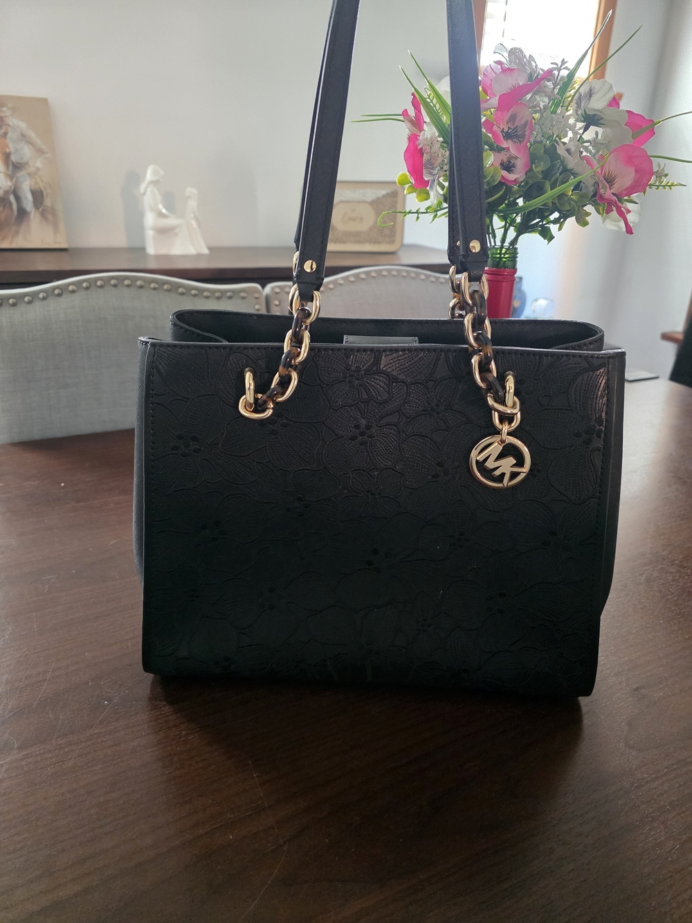 Michael Kors Black Floral Embossed Tote with Gold Accents